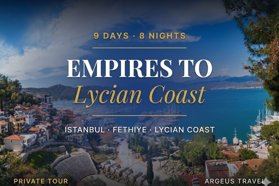 A scenic coastal town with a harbor, boats, and ancient ruins, overlaid with text promoting a 9-day, 8-night private tour from Istanbul to the Lycian Coast by Argeus Travel.
